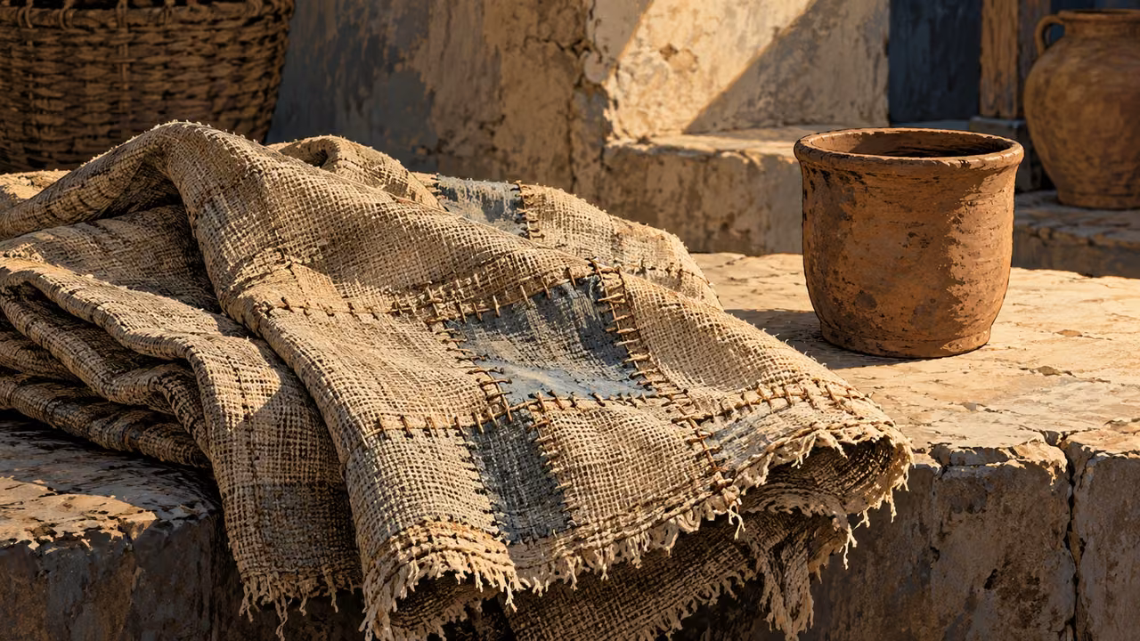 Overhead visibly mended rough linen beside an unadorned clay cup, ordinary light, no figures.