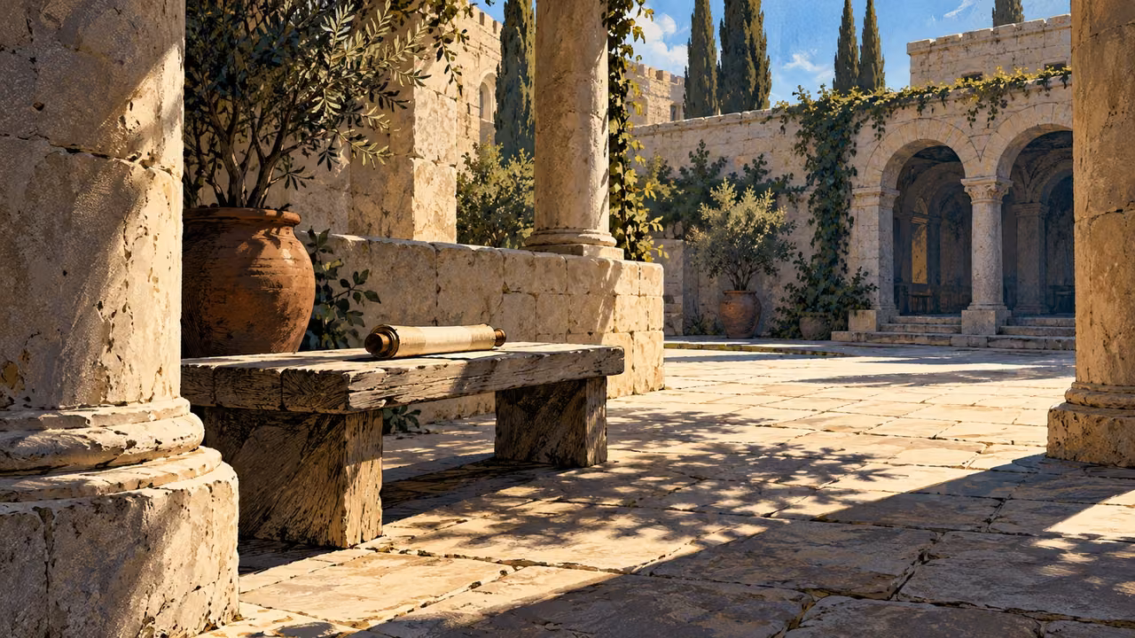 Wide empty shaded courtyard with a single plain seat and blank papyrus roll in clear ordinary daylight.