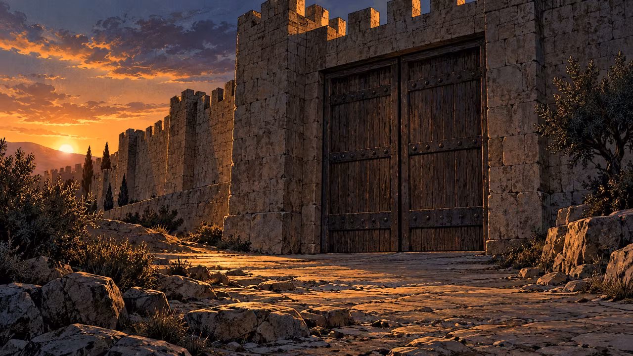 Wide anonymous ancient walled city gate closed at dusk, no soldiers or recognizable city landmarks.