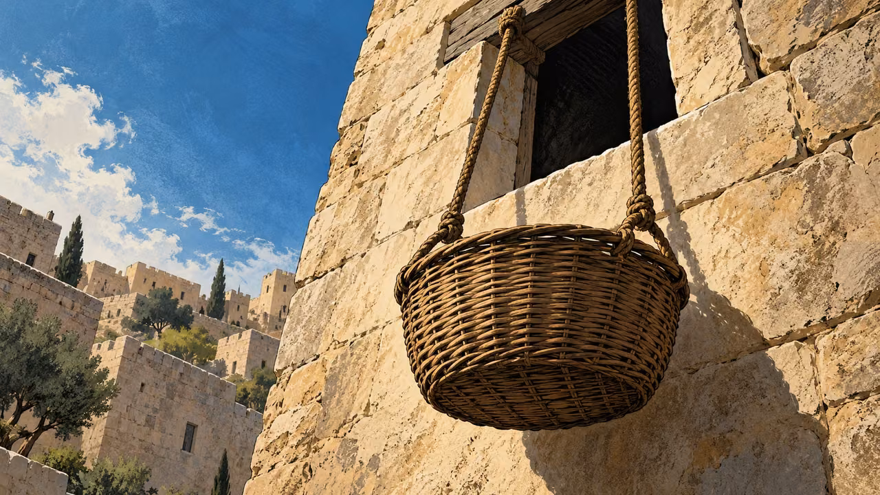 Low exterior view of an empty large wicker basket suspended securely by two ropes beneath a plain ancient wall window, no people.