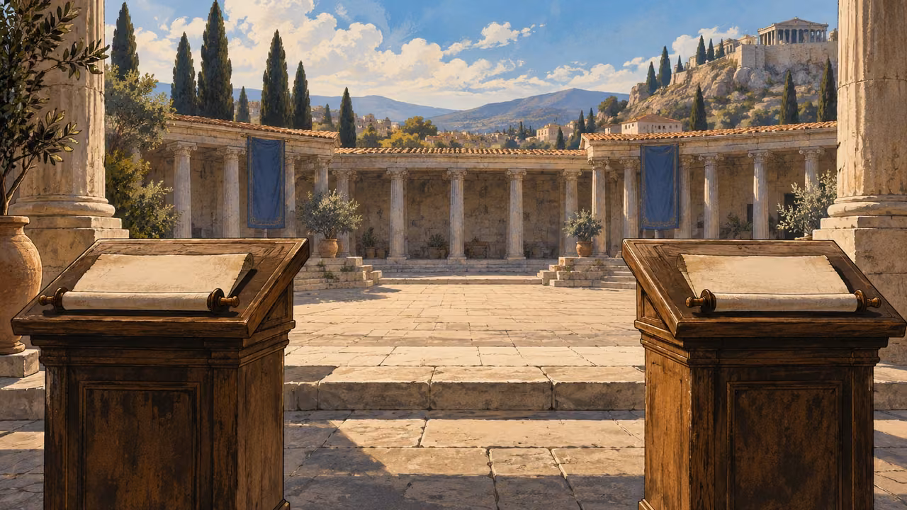 Wide two empty lecterns facing an empty courtyard, one blank papyrus roll on each, no people or writing.