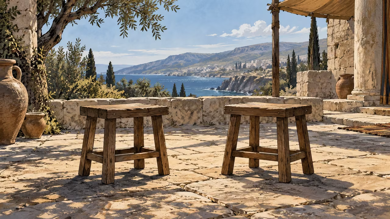 Low two plain equal-height wooden stools on level paving, no inscriptions or figures.