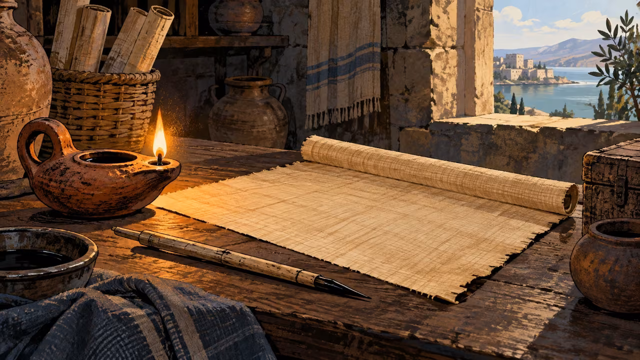 Close worn reed stylus and blank papyrus beside a simple clay lamp on a worktable.