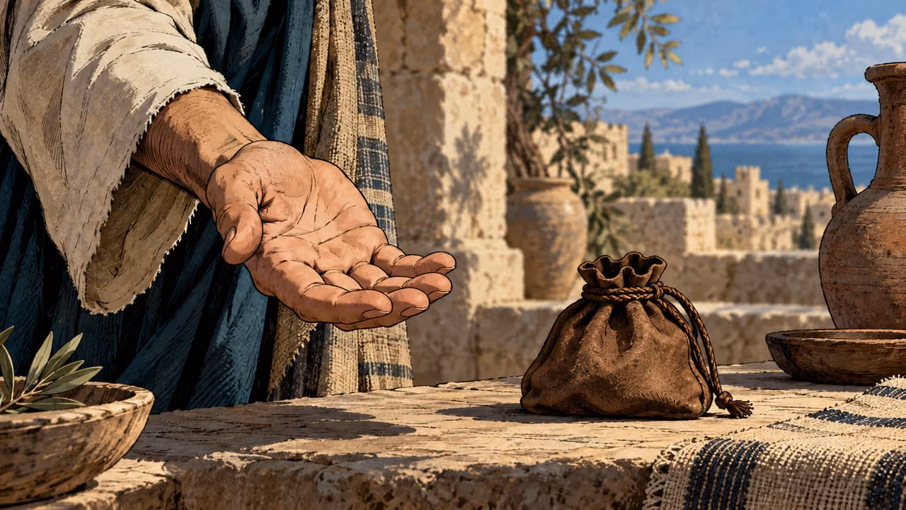 Medium anonymous adult extending an open empty palm beside a closed unused coin pouch, no transaction.