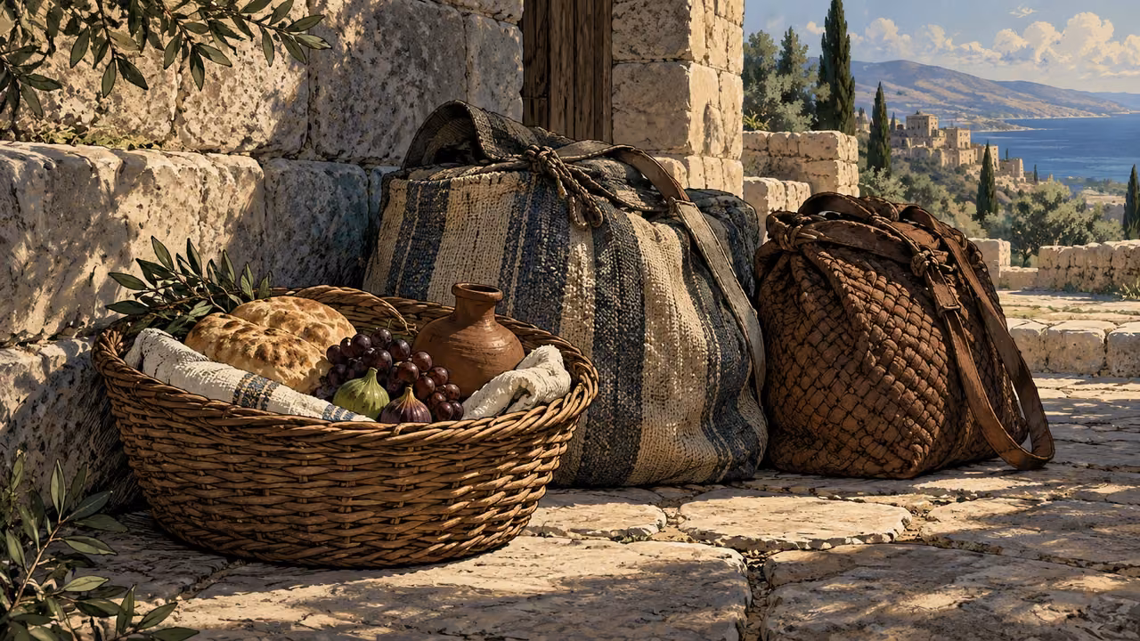 Overhead modest provision basket placed beside two differently woven travel bags, no people or labels.