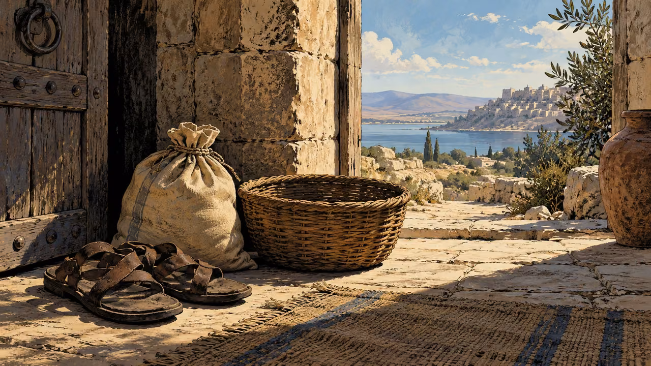 Wide ancient doorway with a small provision sack set beside worn sandals and an empty basket, no people.