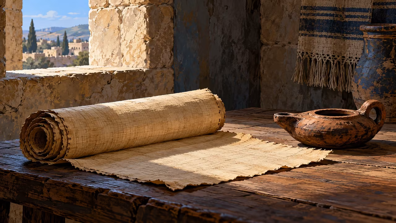 Close blank papyrus roll partly opened beside an ordinary unlit lamp, quiet shadow, no figures or symbols.