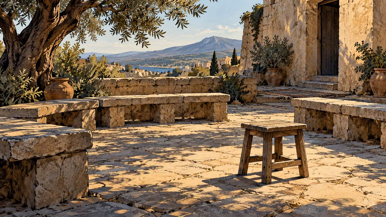 Low empty plain stool drawn back from a circle of modest courtyard benches, no people.