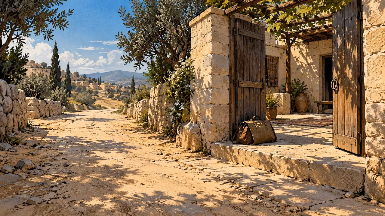 Wide empty ancient road leading toward a modest family courtyard, a small plain travel bag at the threshold.