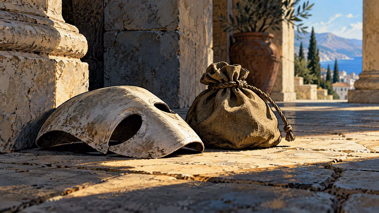 An unused plain theater mask lies beside an untouched tied pouch on stone.