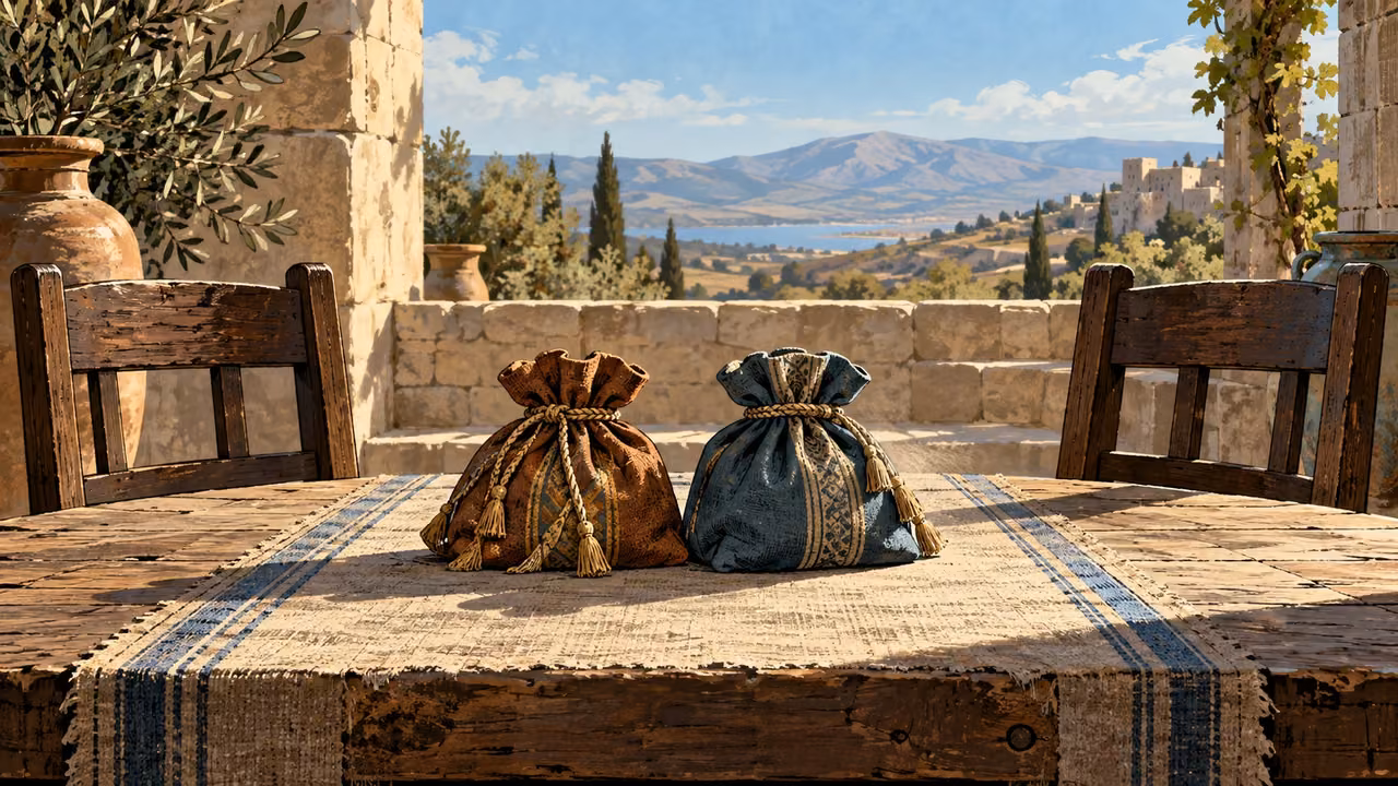 Overhead two untouched modest gift pouches on an open plain table, empty facing seats beyond.