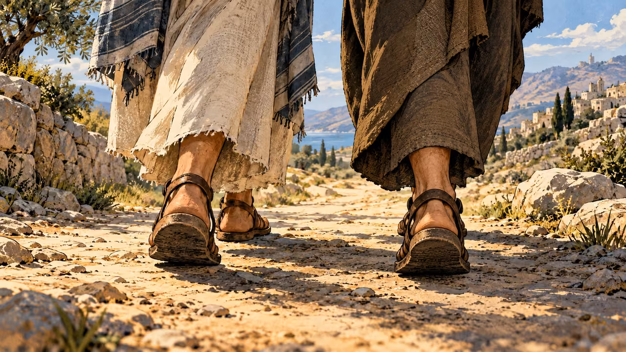Low two distinct sets of anonymous sandaled feet walking side by side on a modest ancient path.