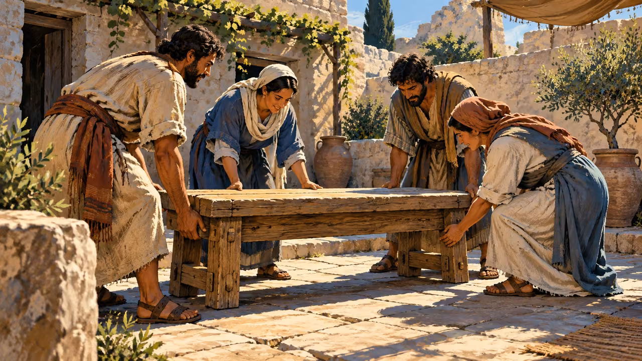 Wide anonymous adults setting a sturdy repaired bench together in a simple courtyard, natural cooperation.