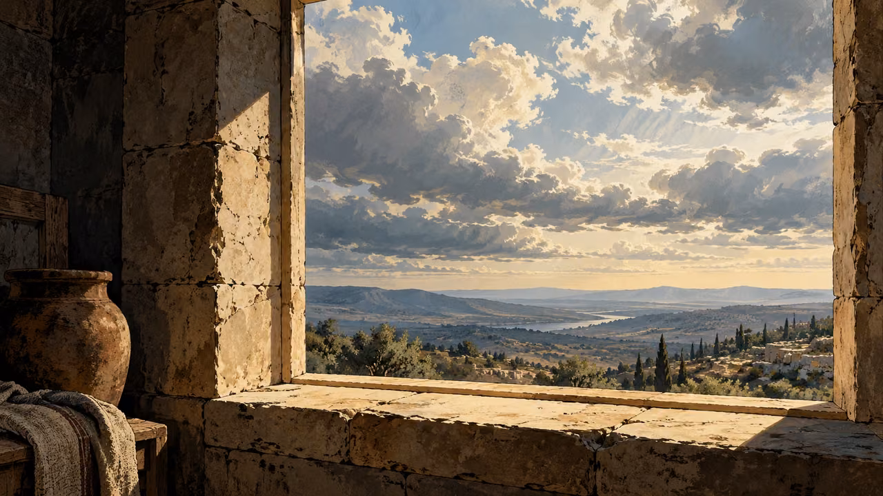 Wide ordinary clouded sky seen from an empty shaded ancient window, no beings, ladders or heavenly architecture.