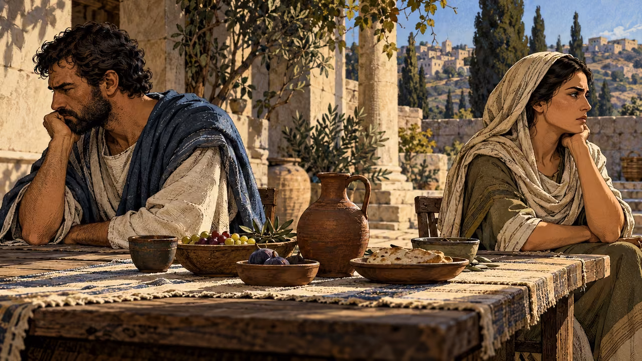 Medium anonymous adults turned away from each other across a courtyard table, tense restrained postures, no violence or speech.
