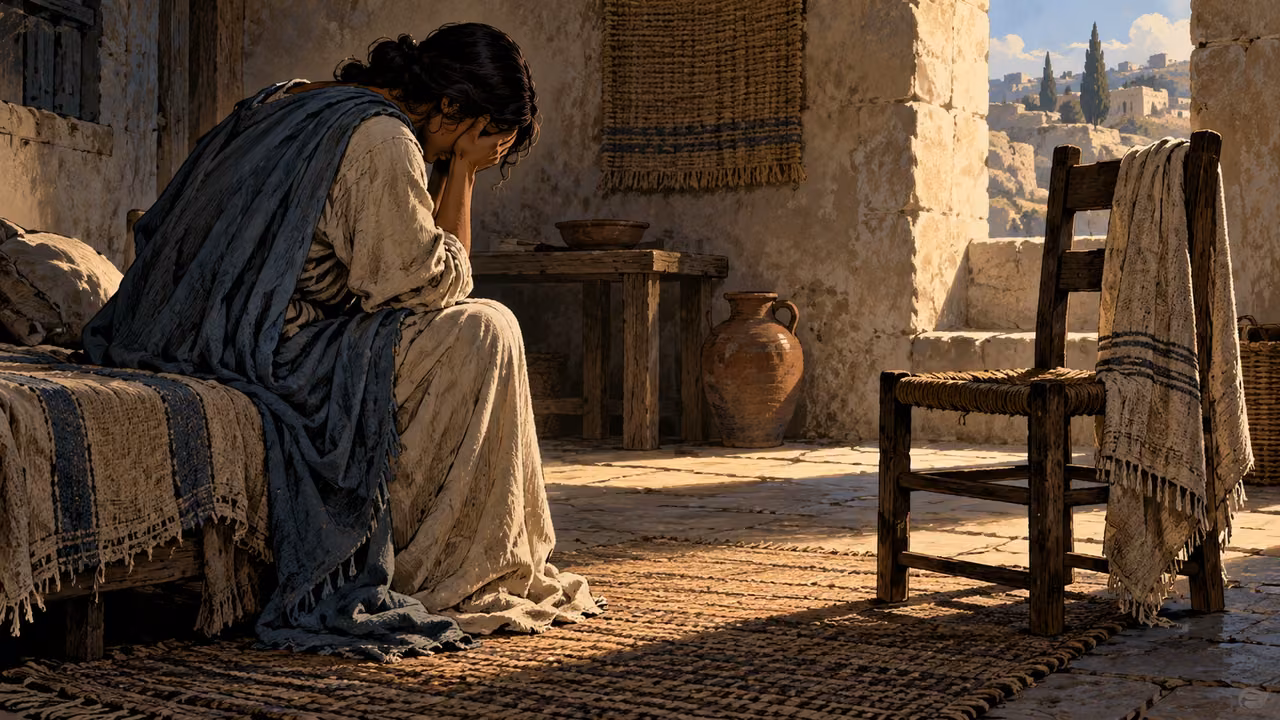 Intimate anonymous adult seated sorrowfully beside folded rough linen and an empty chair, no sexual scene or accusation.