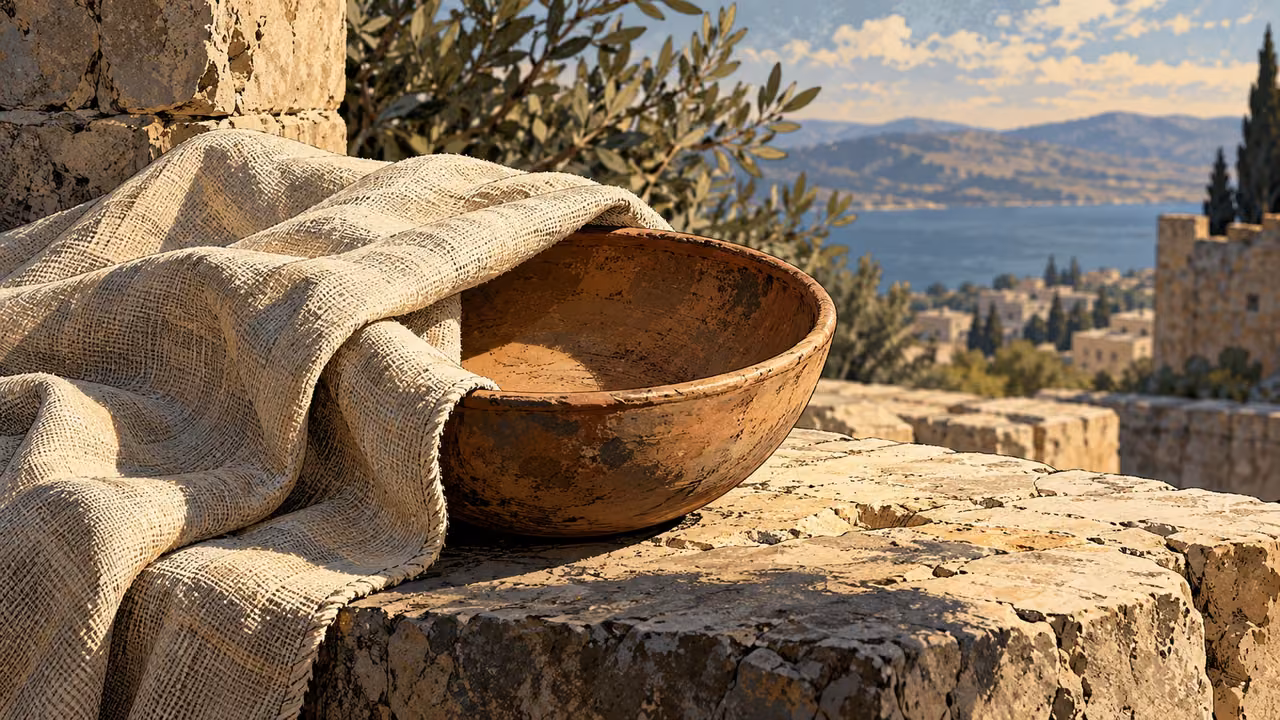 Overhead folded plain linen partly covering an empty clay bowl on stone, no people or inscriptions.