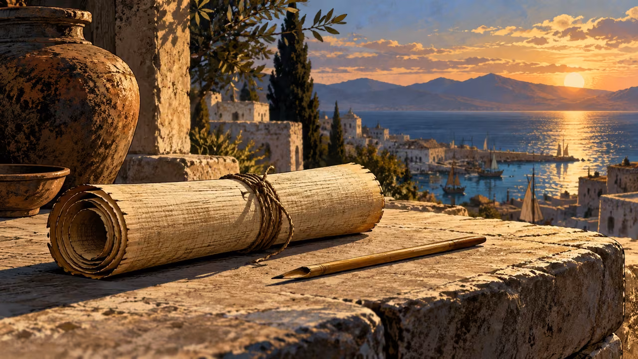 Close securely tied blank papyrus roll beside a reed stylus set down unused, no lettering or people.