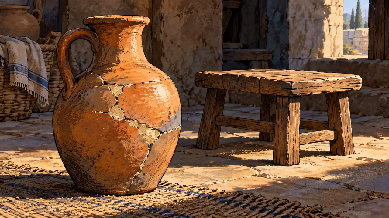 Medium still life of a visibly mended clay jug beside a simple low stool in ordinary light.