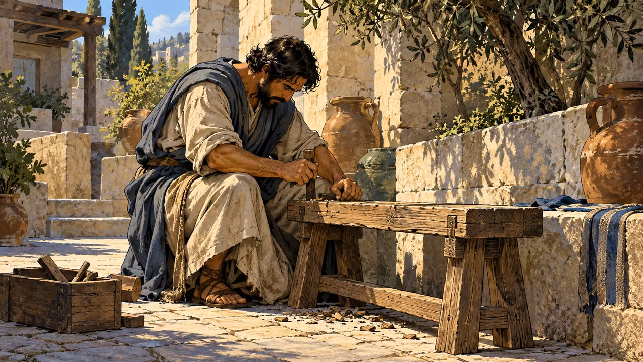 Wide anonymous adult quietly repairing a low courtyard bench, no audience or writing.