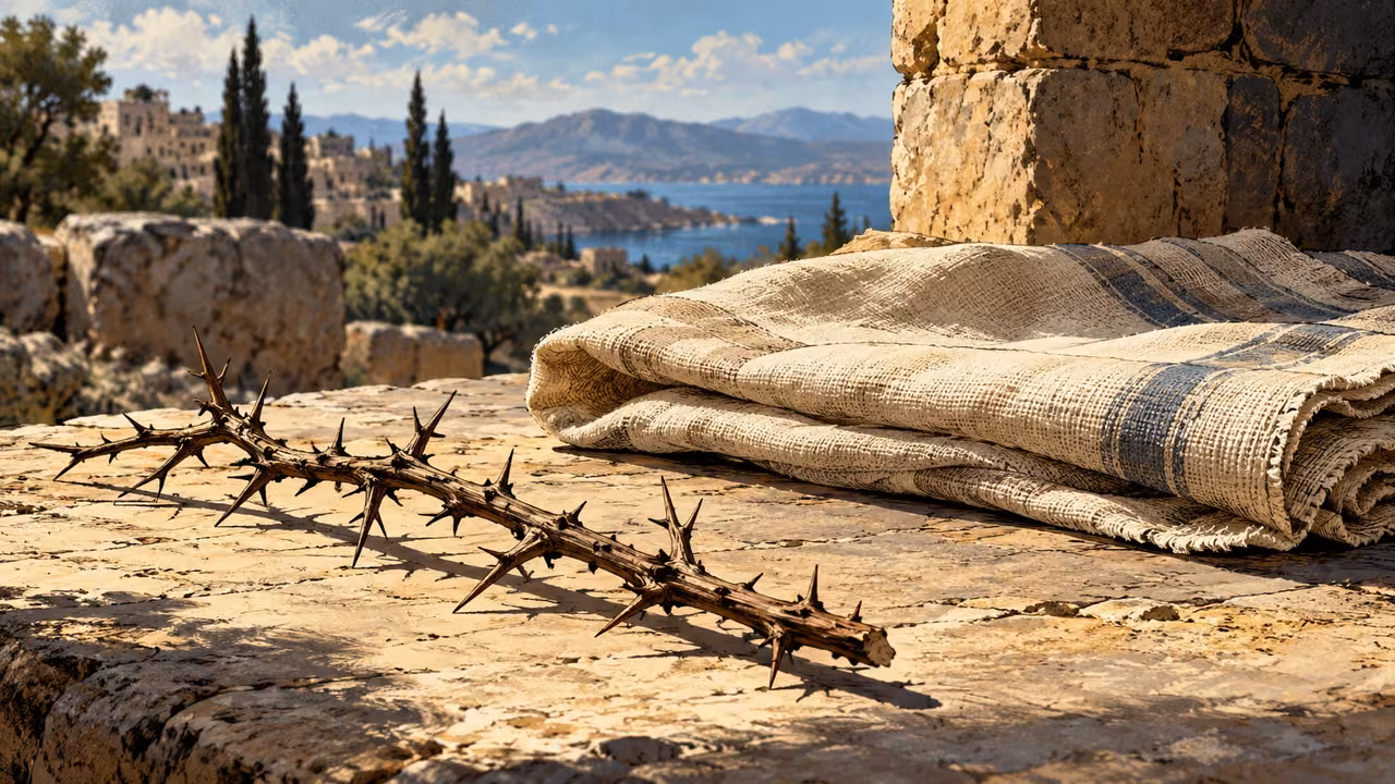 Close dry thorn twig lying separately beside folded linen on plain stone, no body, wound or being.
