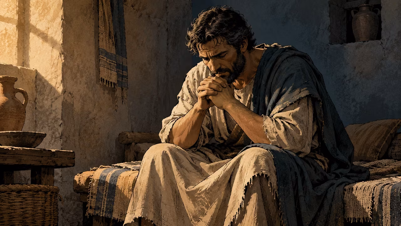 Intimate anonymous adult seated with naturally clasped hands and a strained thoughtful expression, plain dim room.