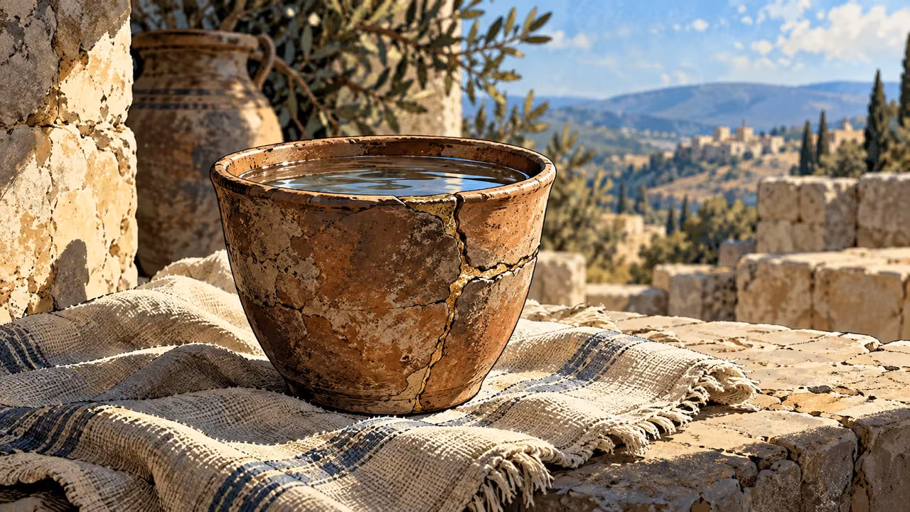 Close repaired clay cup holding clear water securely, worn linen beneath it, ordinary side light.