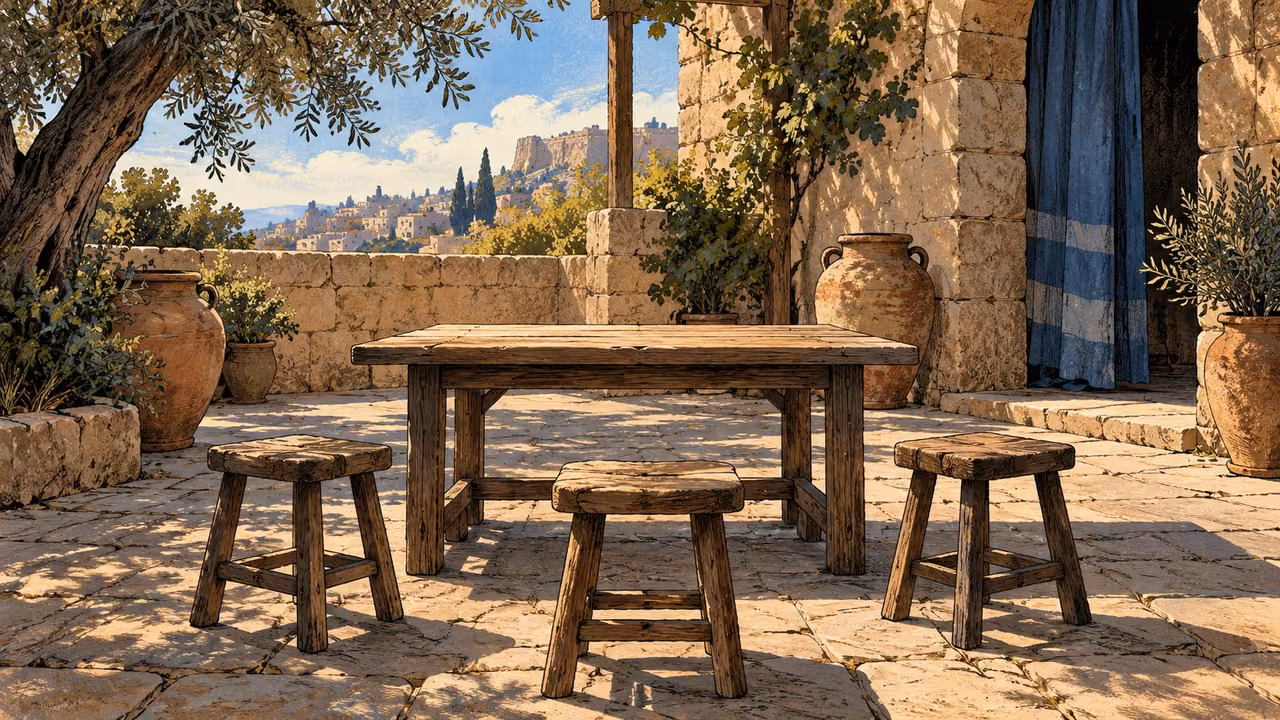 Wide three empty plain stools facing one modest courtyard table, no judges, accused people or writing.