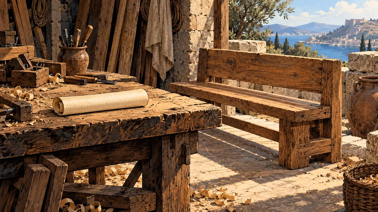 Wide unattended ancient workbench with a completed sturdy bench and a blank rolled letter, warm ordinary light.