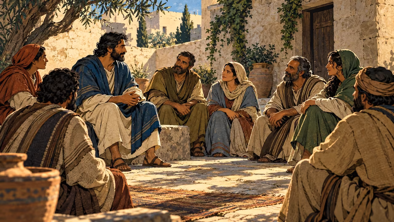 Wide anonymous adults gathered calmly in a modest courtyard, relaxed dignified faces, no speech or spectacle.