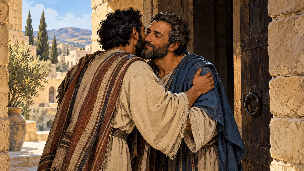 Medium two anonymous adults greeting with a restrained cheek-to-cheek kiss in an ancient doorway, natural anatomy.