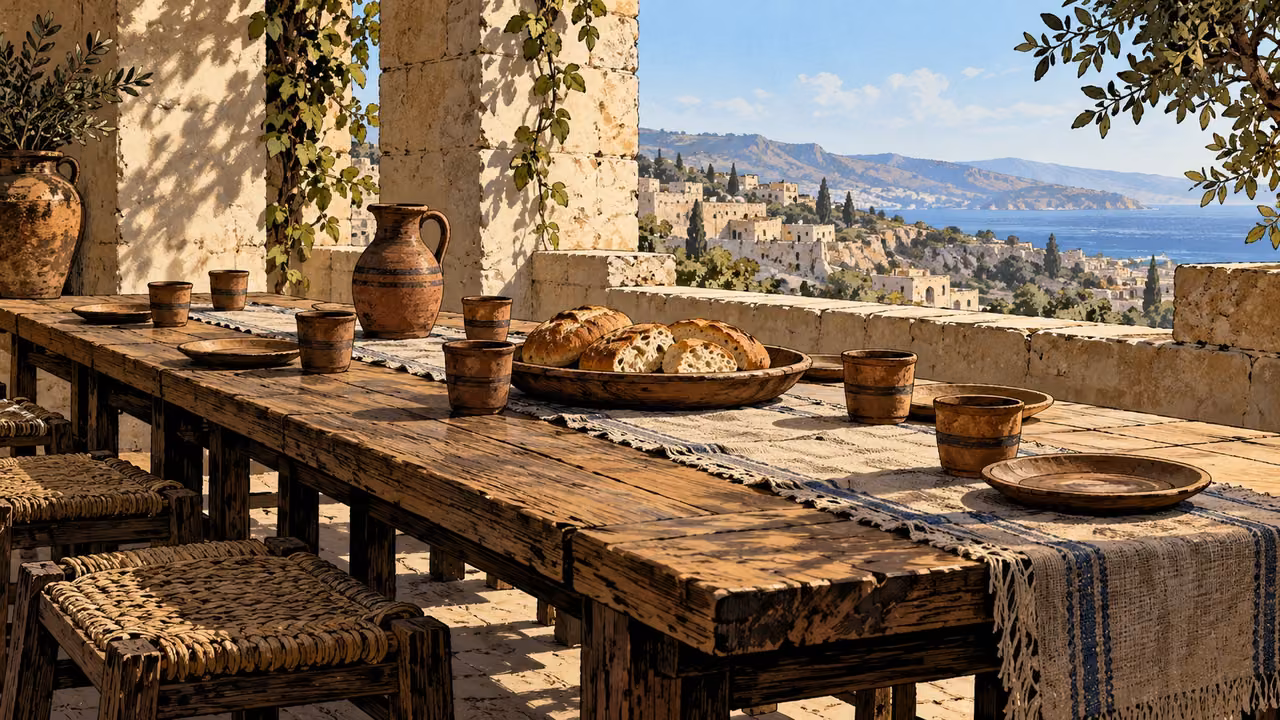 Wide empty communal table with modest clay cups and shared bread under soft ordinary daylight, no figures or symbols.