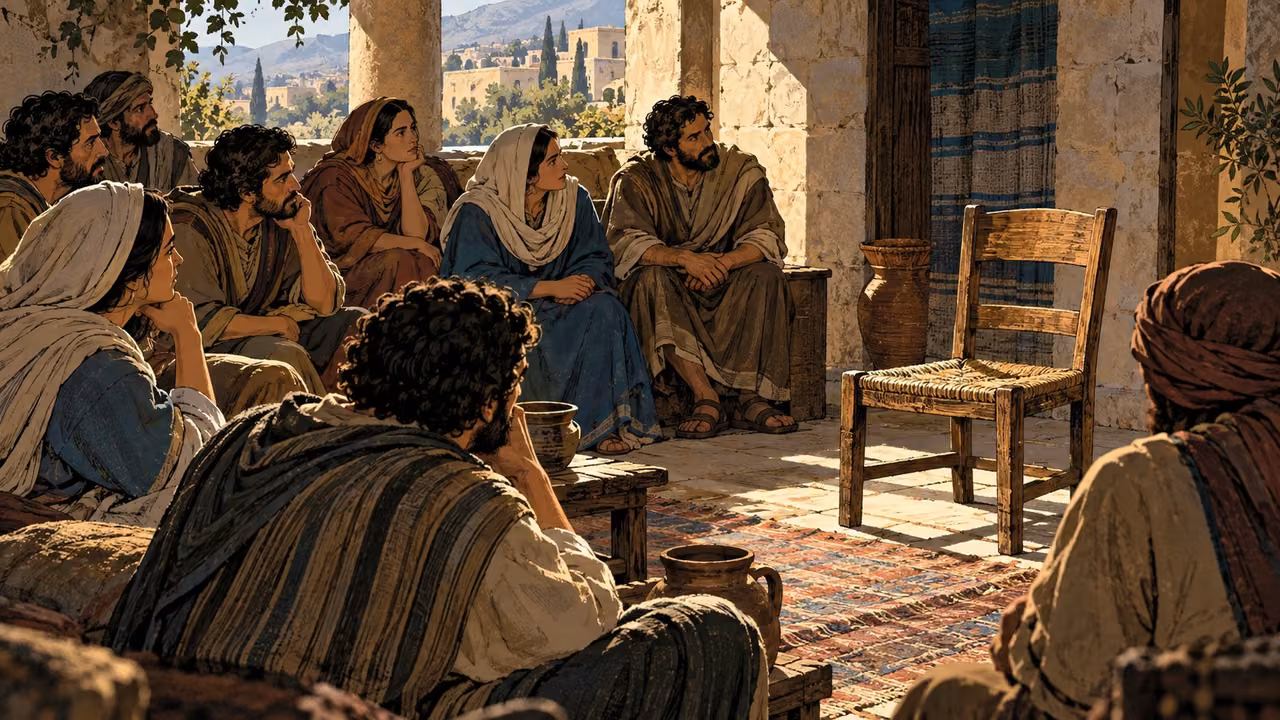 Intimate anonymous adults listening attentively toward an empty seat, natural faces and hands, no speech.