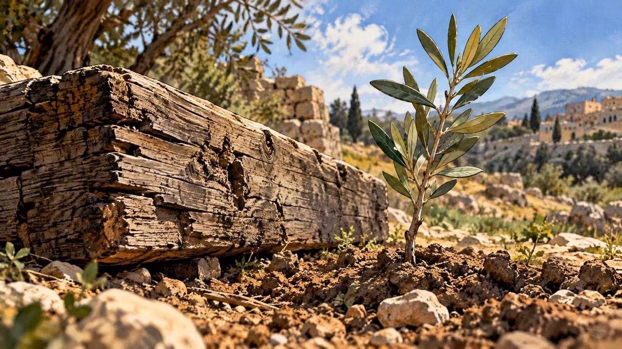 Object-only close view of weathered rough timber beside a small living olive shoot in ordinary soil, no cross silhouette or body.