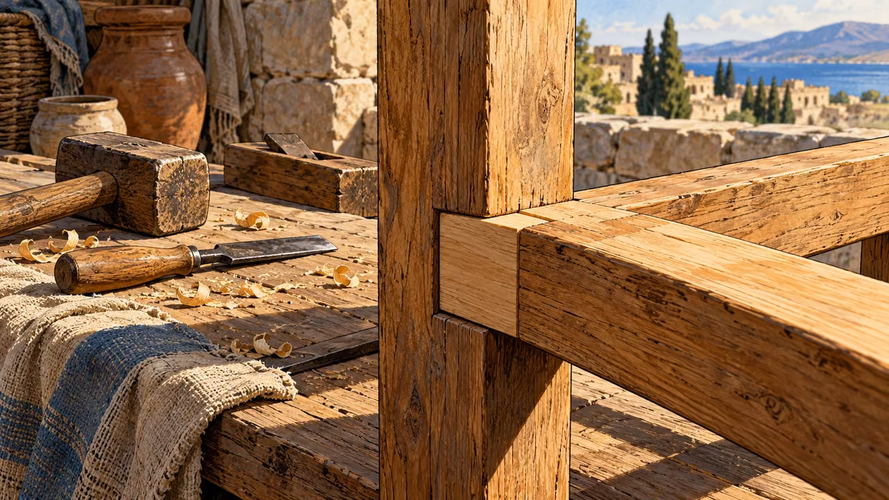 Overhead plain wooden joint fitting securely into a repaired frame, simple hand tools set aside, no marks.