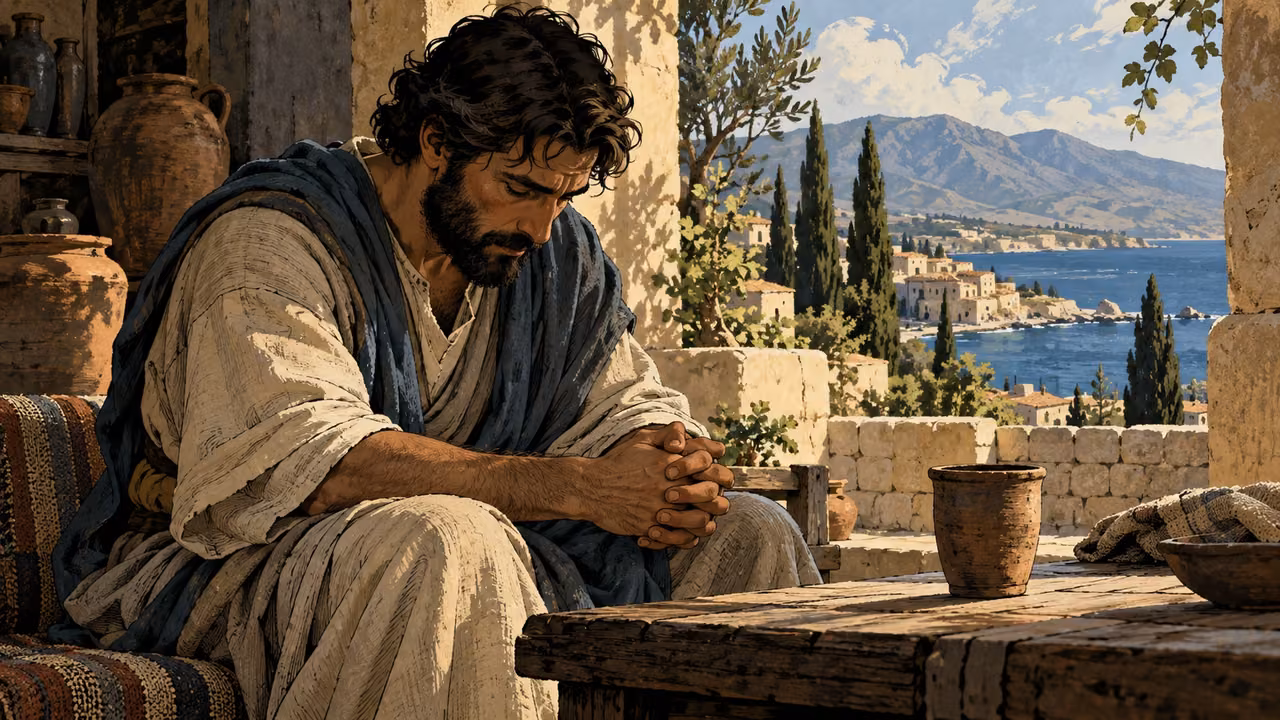 Intimate anonymous adult seated quietly with clasped natural hands beside an unadorned clay cup, no halo or words.