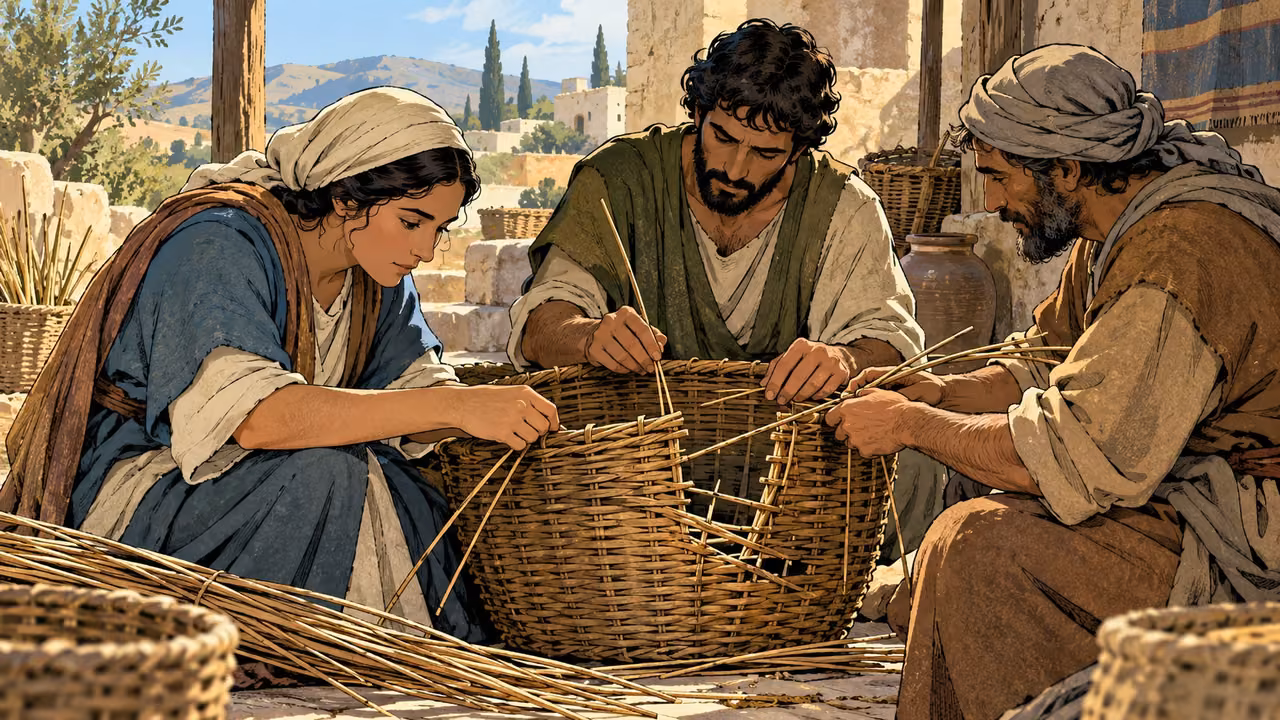 Medium anonymous adults repairing a damaged wicker basket together with natural hands, calm focused expressions.