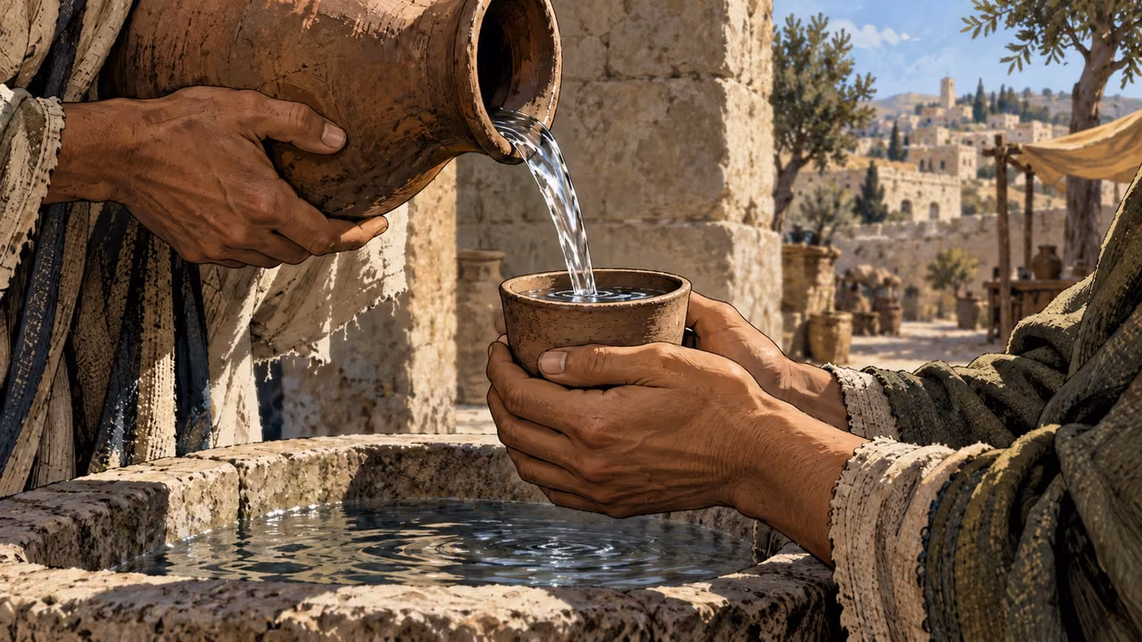 Close anonymous adult hands receiving water into a plain clay cup without spilling, deliberate attentive gesture, ancient stone basin, no divine figure.