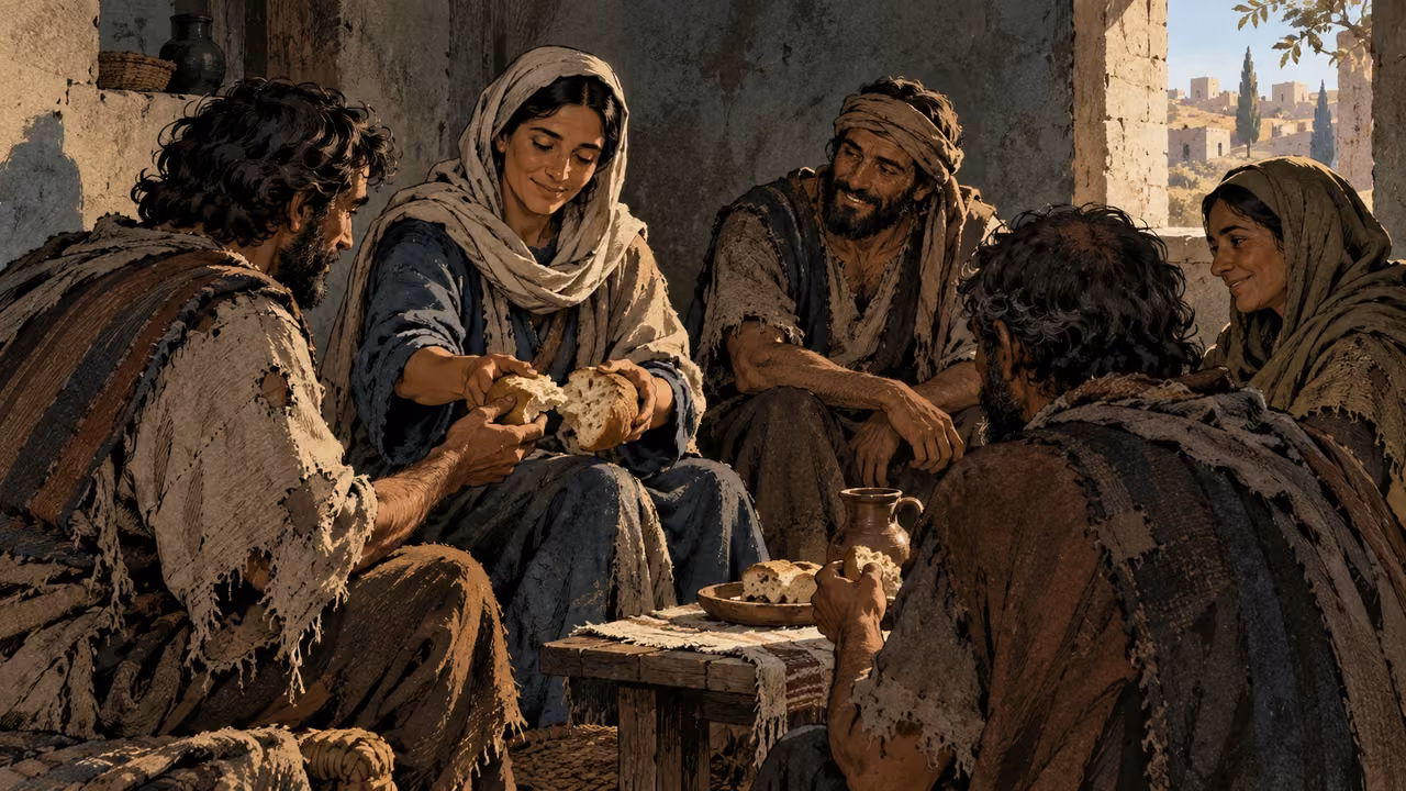Wide anonymous adults in a sparse ancient room sharing a modest loaf with quiet smiles, weathered clothing and little furniture, no treasure or prosperity signs.