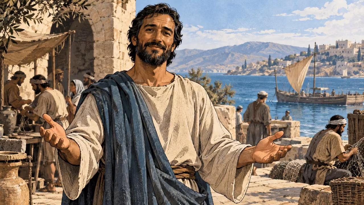 Medium anonymous adult facing outward with relaxed open hands at chest level, warm direct dignified expression, plain tunic, no speech bubbles.
