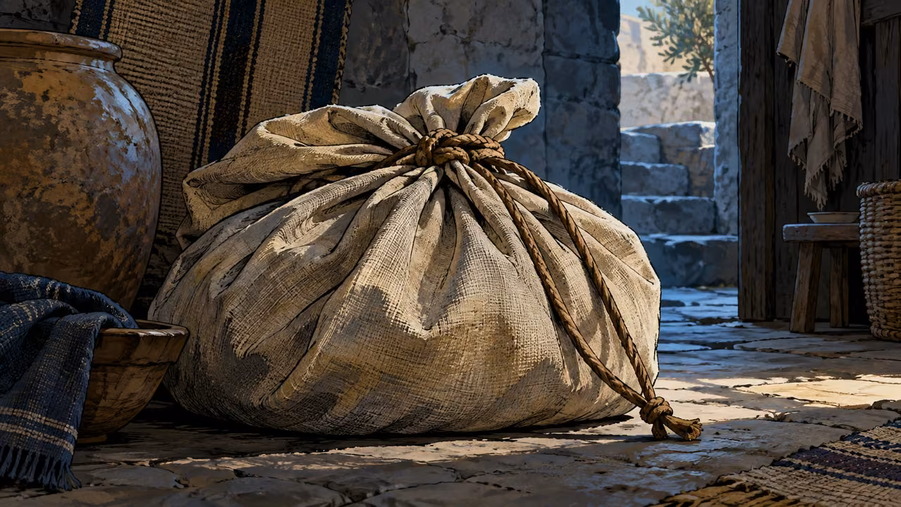 A closed linen bundle rests in a shaded room, with loose cord ends trailing from its tie.