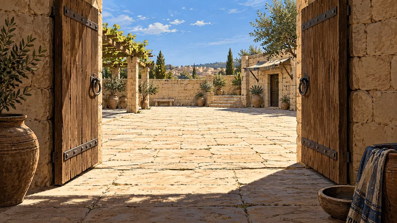 Two wooden gate leaves open into an empty sunlit stone courtyard.