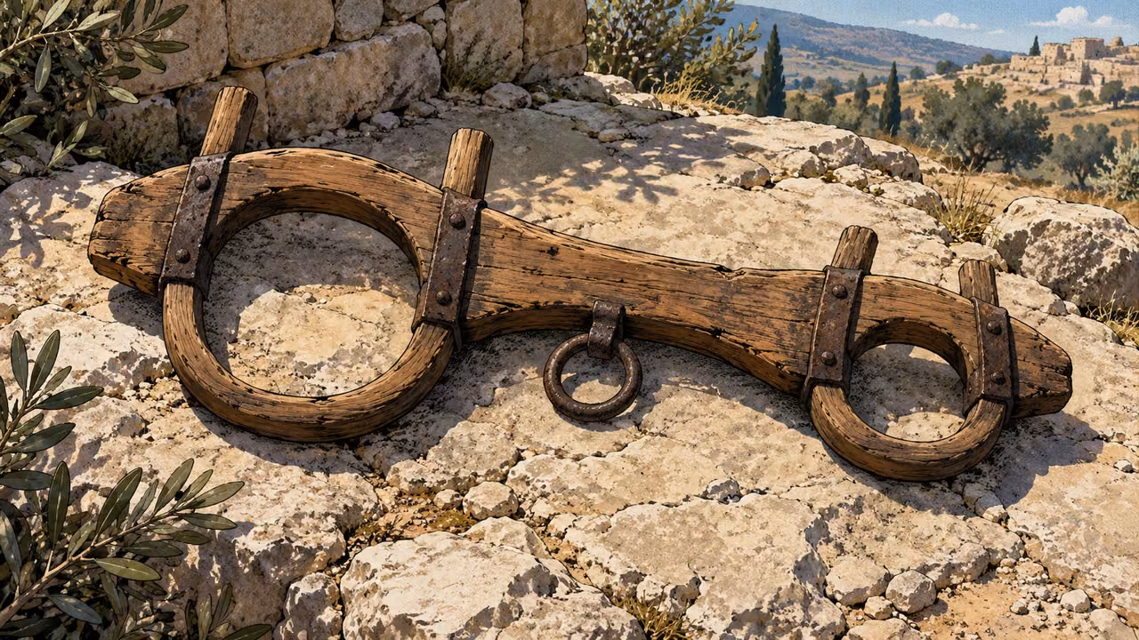 Overhead symbolic object study of a plain wooden double yoke with visibly mismatched openings, lying unused on limestone, no animals or enslaved people.