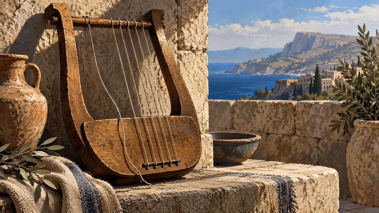 Still life of an ancient simple lyre with one slack string beside taut intact strings, no player or supernatural figure, oblique light across wood.