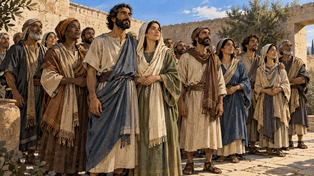 Wide anonymous adult community standing peacefully together in a plain open courtyard, ordinary stone walls, no giant temple, idols or divine figure.