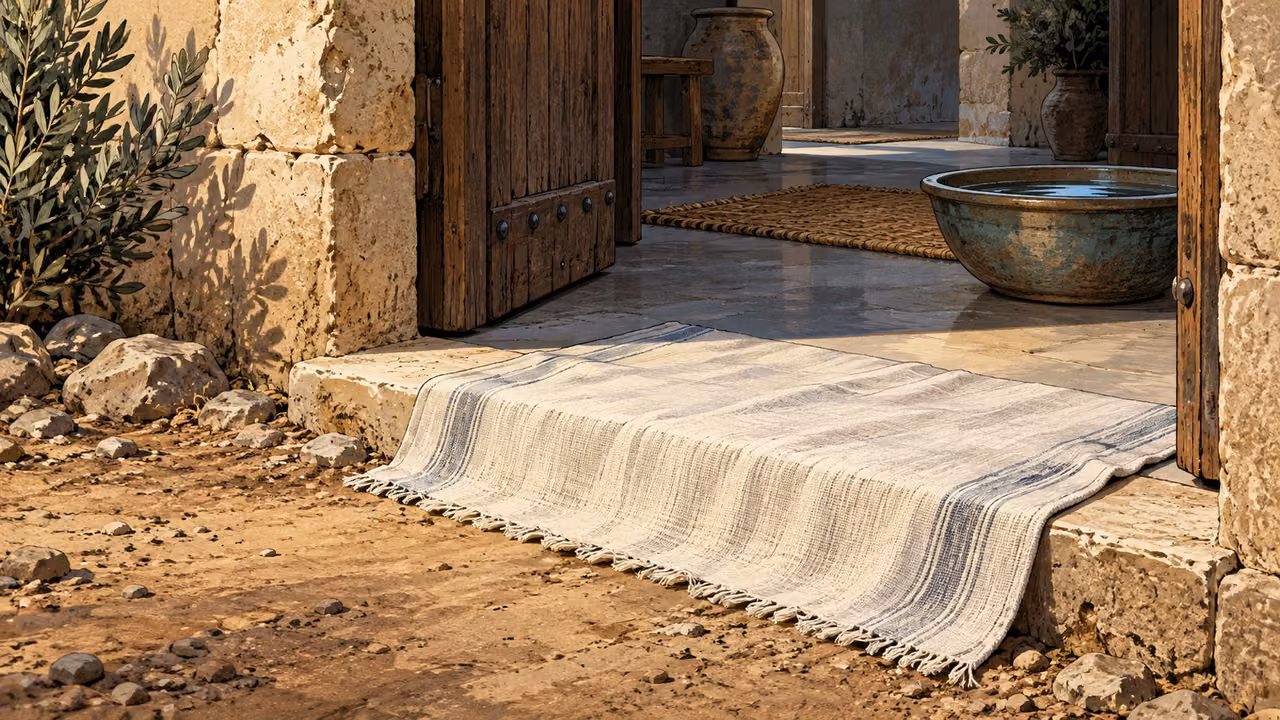 Low view of a plain clean linen cloth laid across an open threshold, dusty ground outside and fresh water bowl within, no rejected people or ritual event.