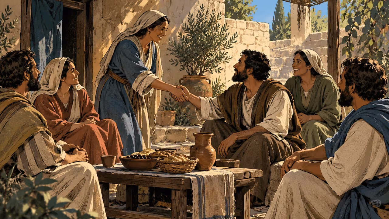 Anonymous adult women and men welcome one another around a modest courtyard table.