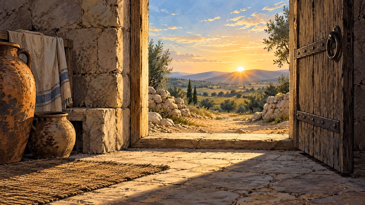 Wide ancient doorway opening onto a field in fresh sunrise, plain threshold and long natural shadow, no person or heavenly scene.