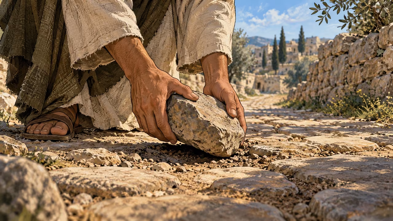 Ground-level anonymous adult hands carefully removing a loose stone from a simple path, no injured traveler, modest tunic cuffs.