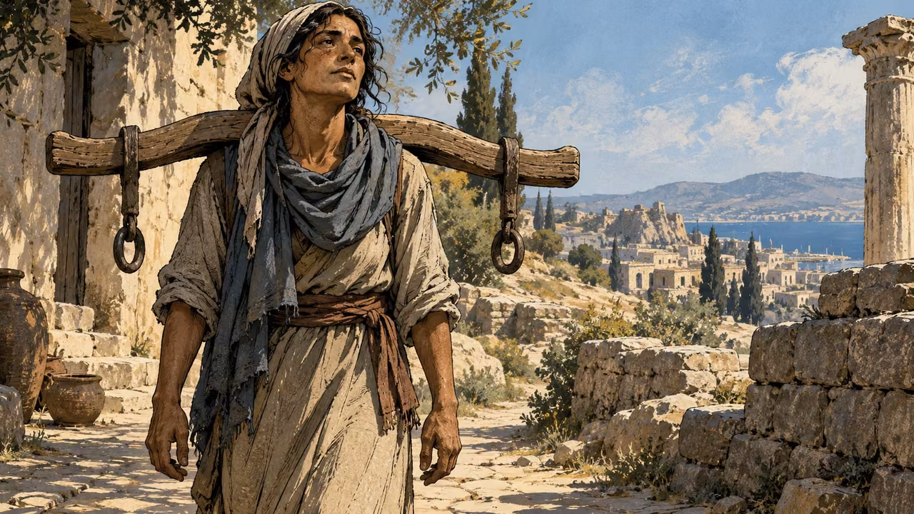 Medium anonymous weary adult standing steadily beneath an old wooden carrying yoke without cargo, hands lowered, dignified uninjured face, no oppressor.